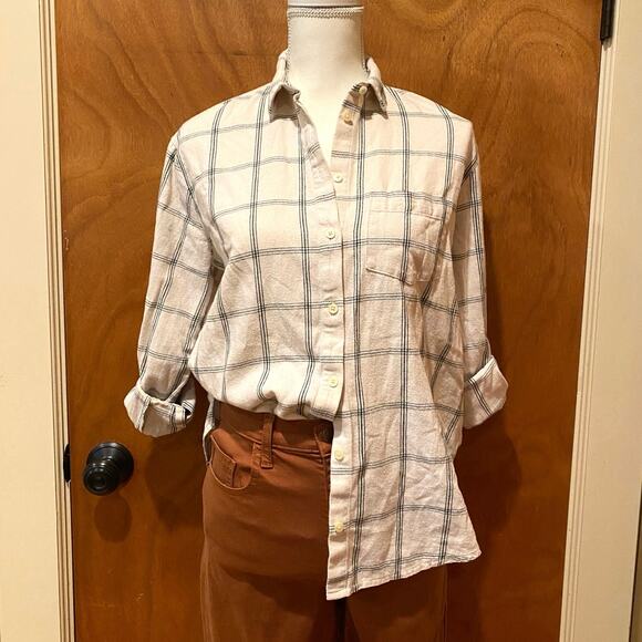 Madewell Cotton Button Down Shirt, Easy Fit, Cream & Green Windowpane Plaid, XS - Picture 2 of 3